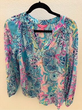 Lilly Pulitzer Aqua Floral Long Sleeve Peasant Top